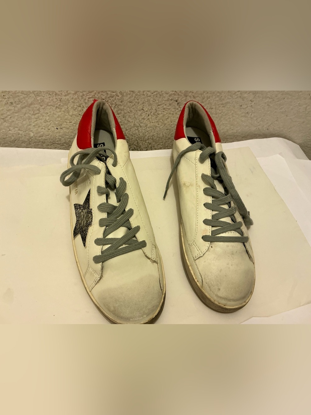 Golden Goose White Leather Sneakers with Red Heel and Gray Laces